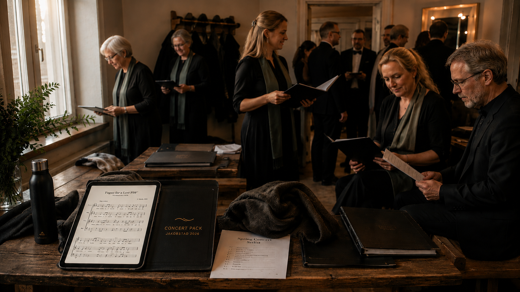 Choir members preparing calmly before a concert with folders, setlists, tablets and sheet music.