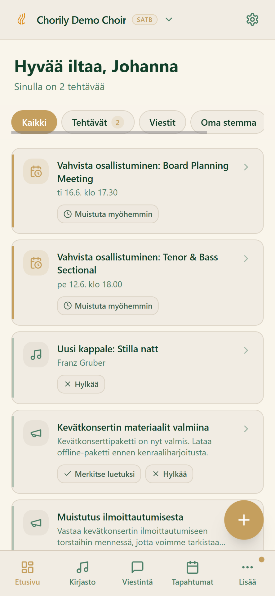 Chorilyn laulajan harjoituskeskus puhelimessa — päivän tehtävät, vastaukset ja uudet kappaleet.