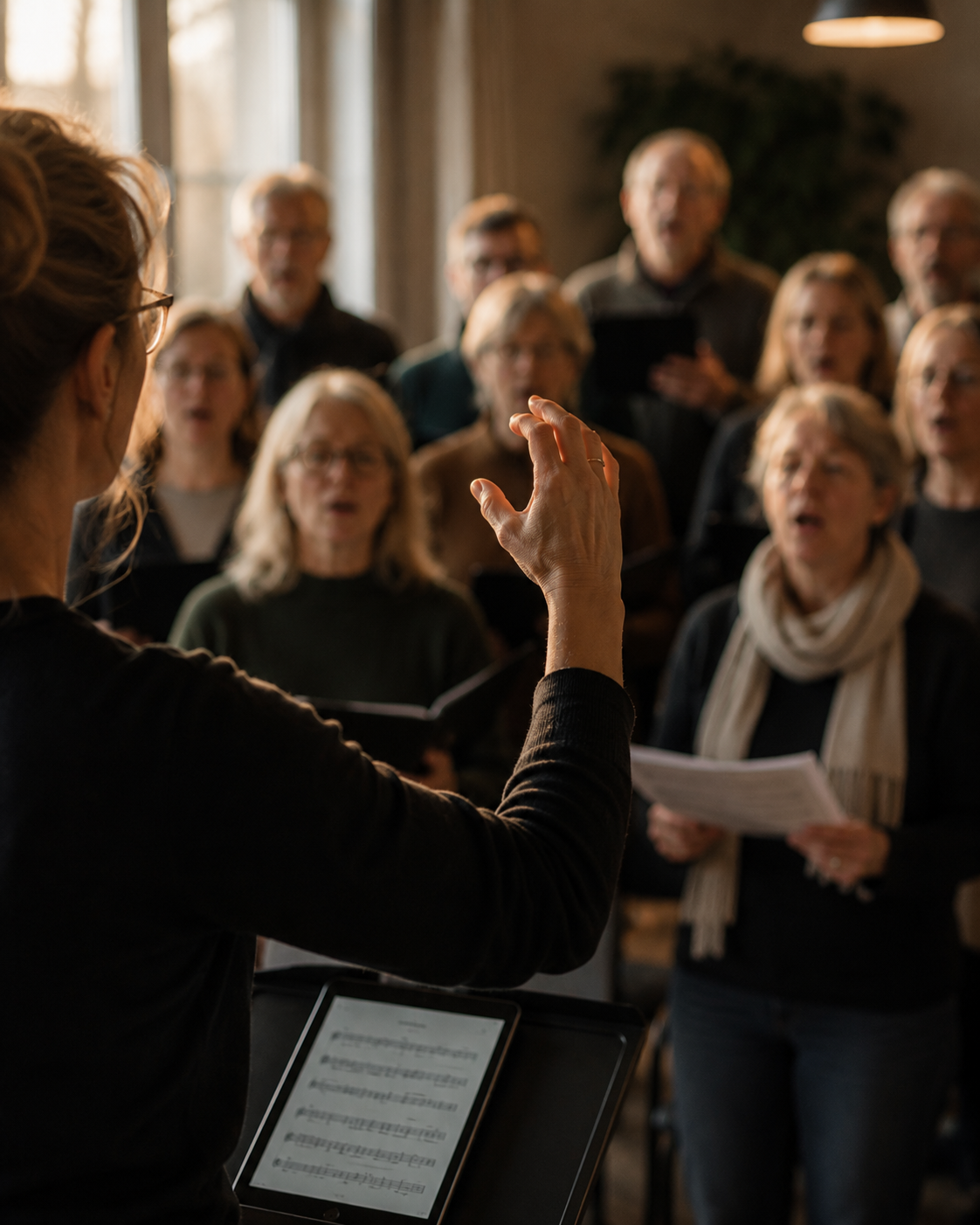 A conductor's hand guiding a choir during rehearsal, with singers softly blurred in the background.