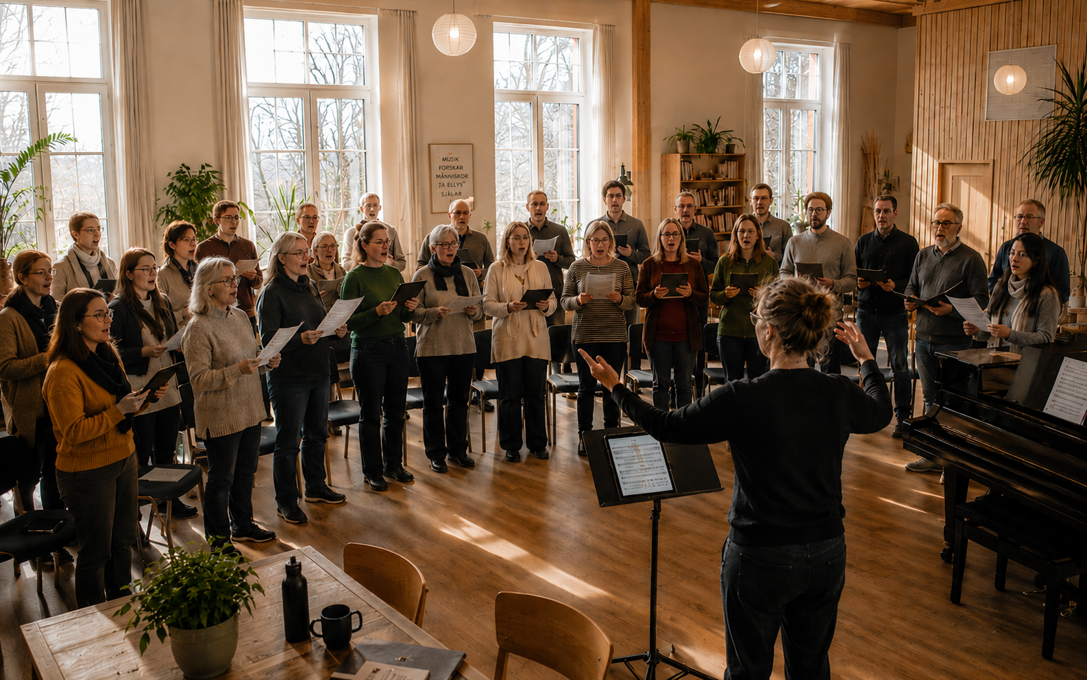A warm Scandinavian choir rehearsal with singers, a conductor, paper scores and a tablet on a music stand.