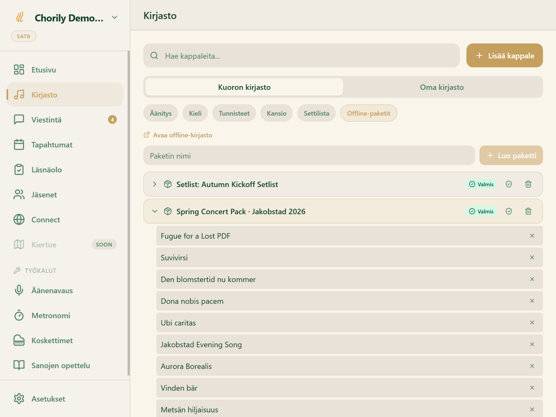 Chorilyn offline-konserttipaketti iPadissä — kevätkonsertin setlista ladattuine nuotteineen.