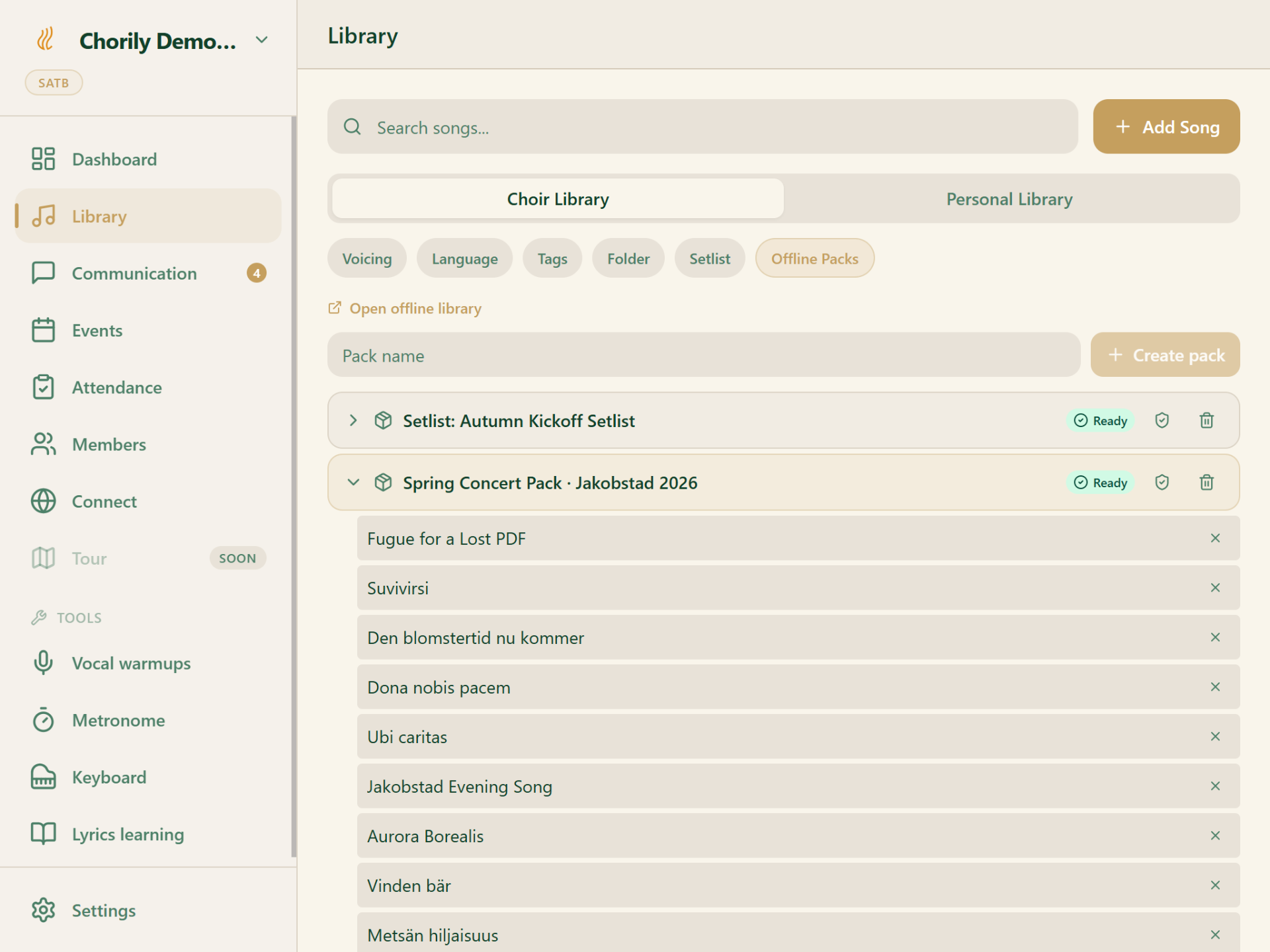 Chorily offline concert pack on iPad — Spring Concert setlist with downloaded scores.