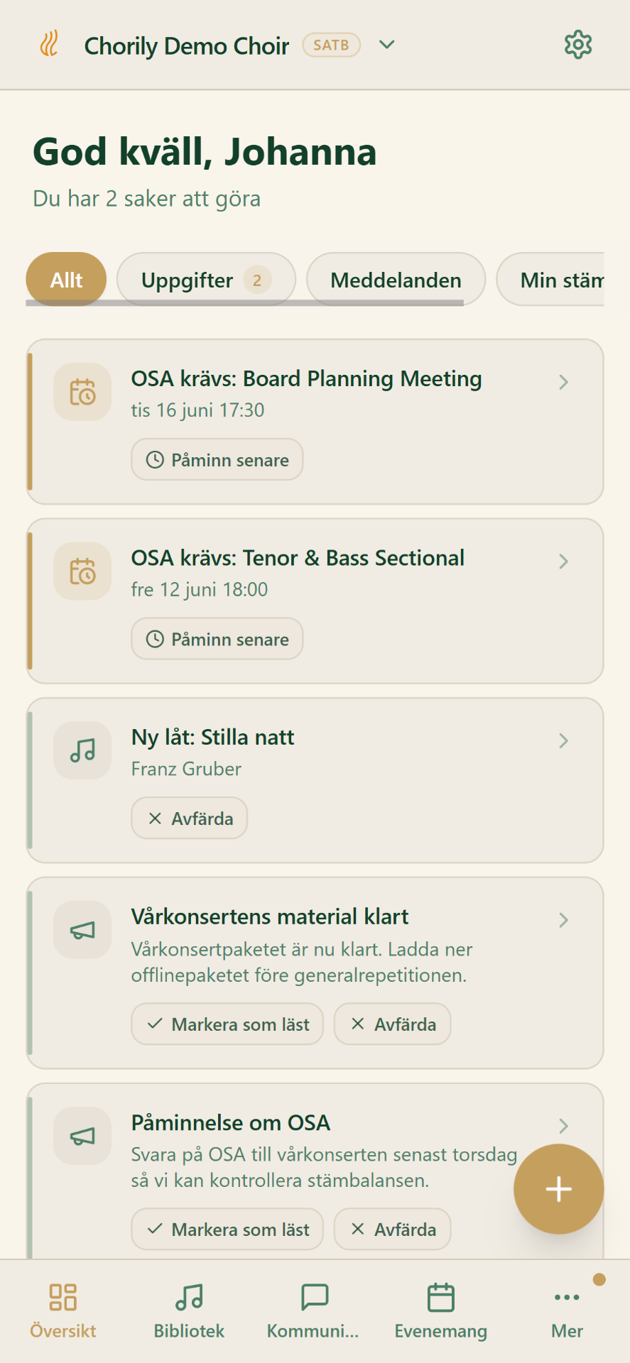 Chorily sångarens övningsnav på mobil — dagens uppgifter, RSVP och nya sånger.