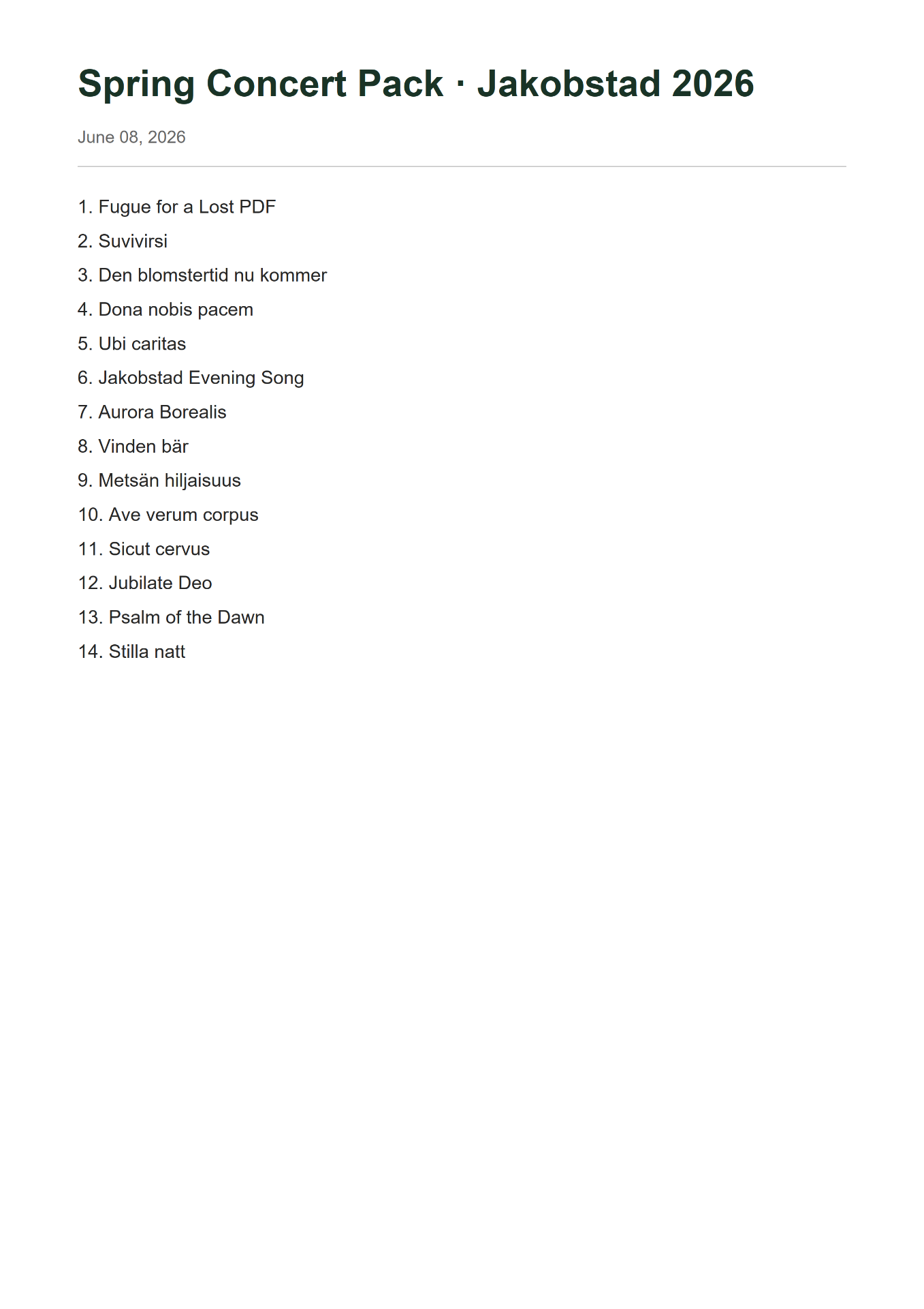 Chorily printable Spring Concert setlist — clean PDF version of the program.